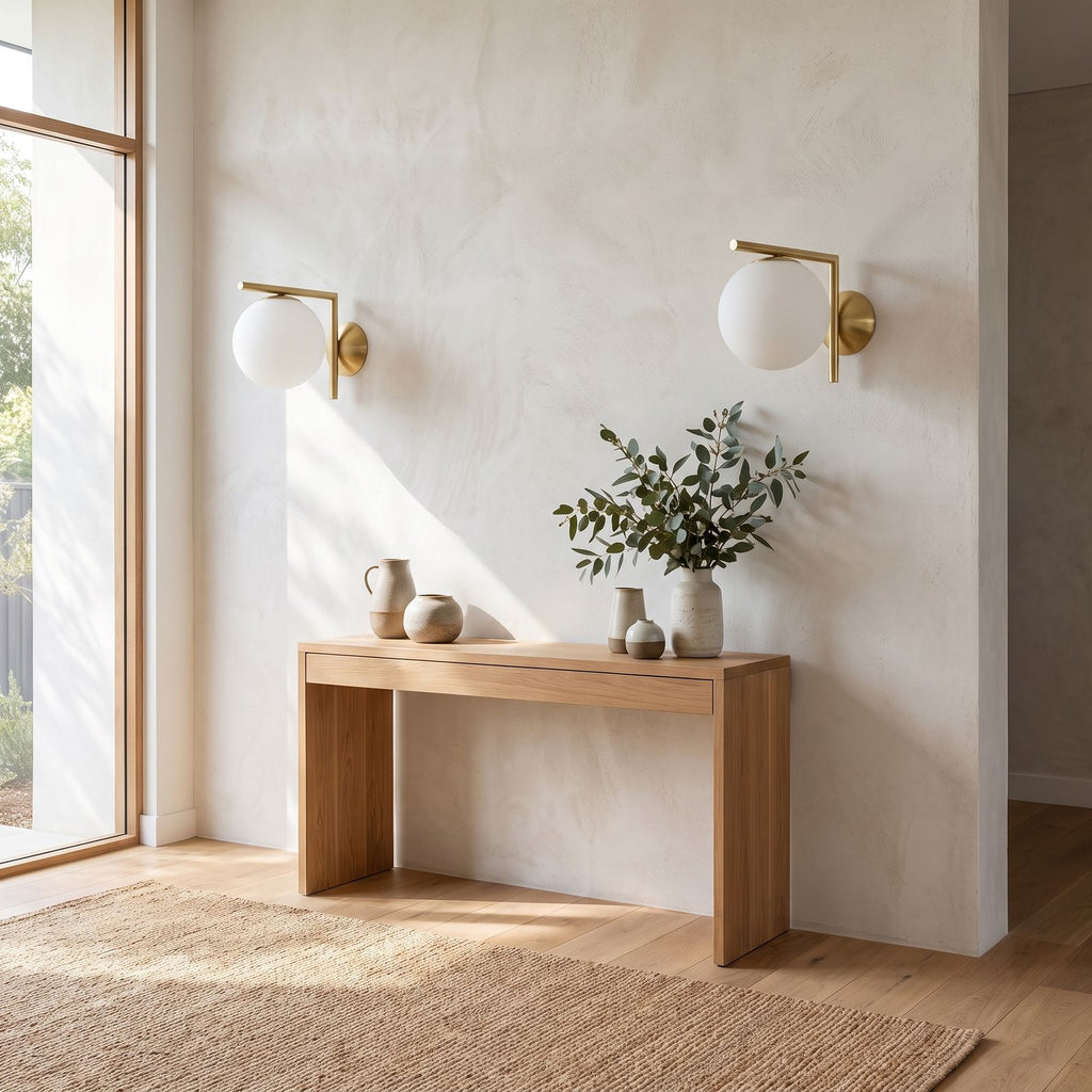 L-Arm Brass and White Glass Globe Wall Light in a pair on a wall of an Australian home