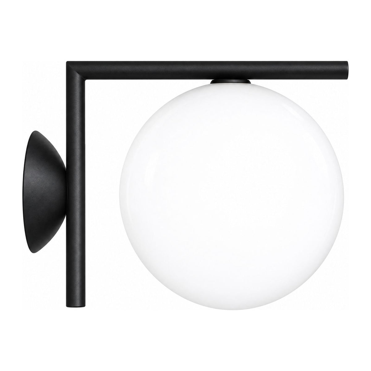 L-Arm Brass and White Glass Globe Wall Light in Black on a white background