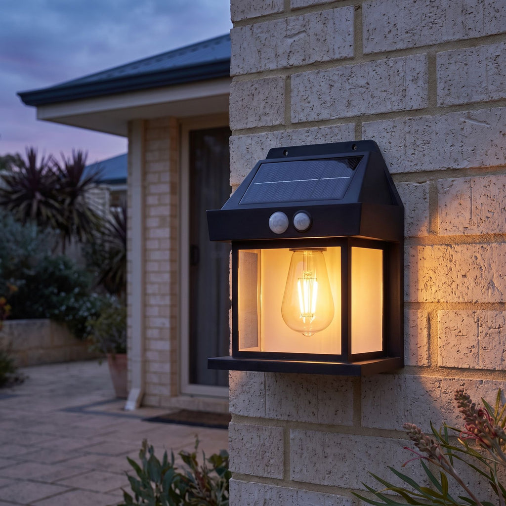 Lantern shape solar sensor wall light beside a back door on a brick wall