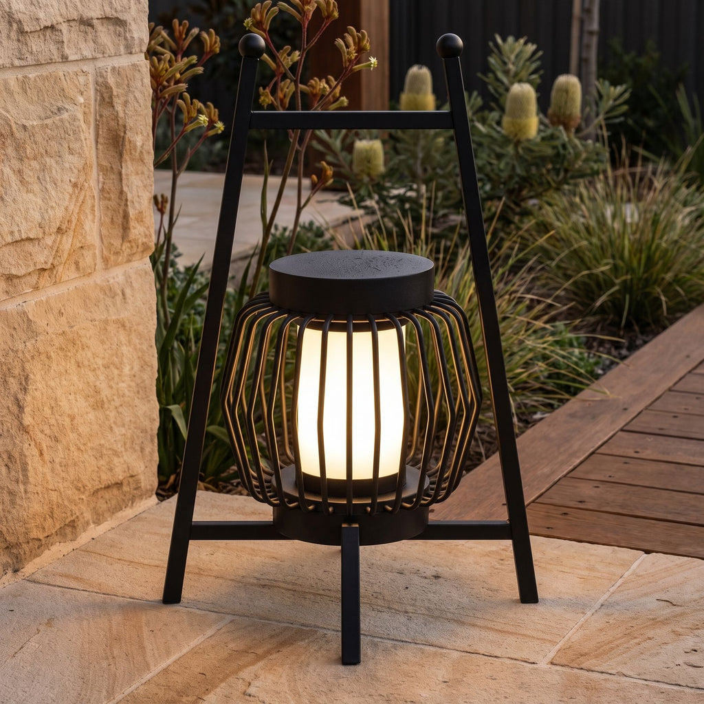 Large Retro Stainless Steel Outdoor Table Lamp, close view on stone pavers