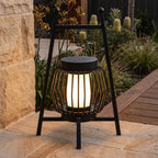 Large Retro Stainless Steel Outdoor Table Lamp, close view on stone pavers