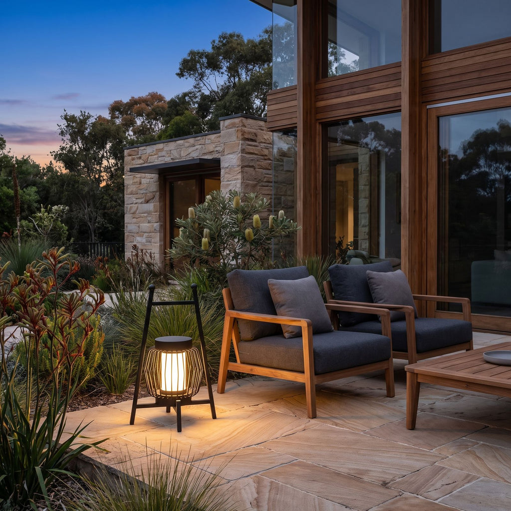 Large Retro Stainless Steel Outdoor Table Lamp on a sandstone patio beside lounge chairs