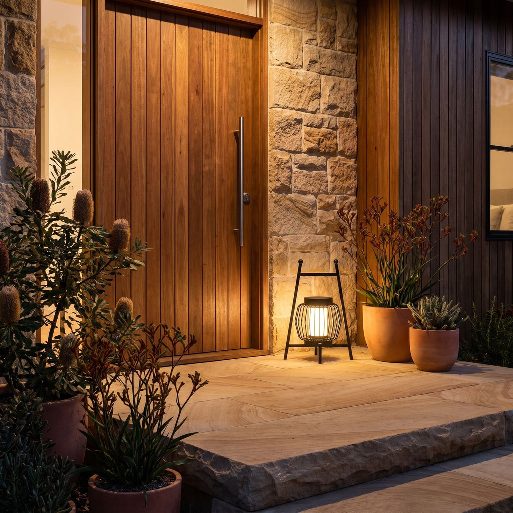 Large Retro Stainless Steel Outdoor Table Lamp beside a front door at night