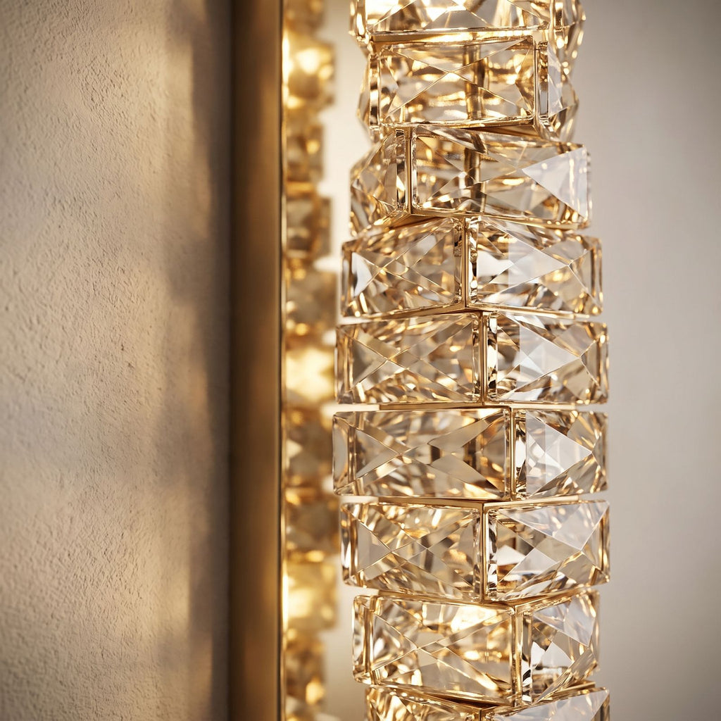 Layered Crystal Ribbon LED Wall Light, close view at 45 degrees on a plaster wall