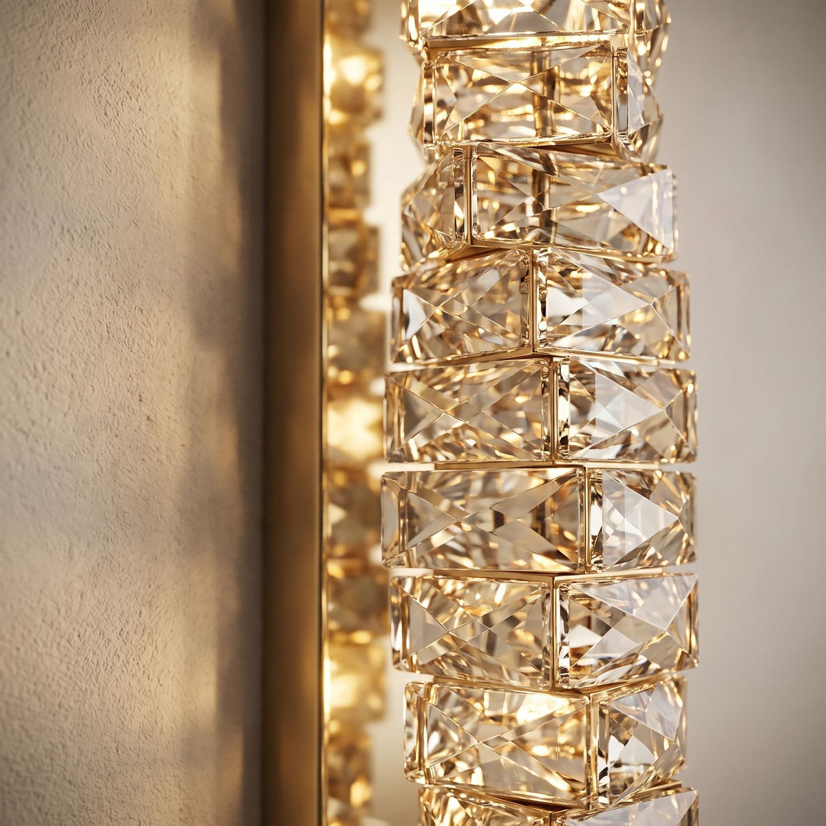 Layered Crystal Ribbon LED Wall Light, close view at 45 degrees on a plaster wall