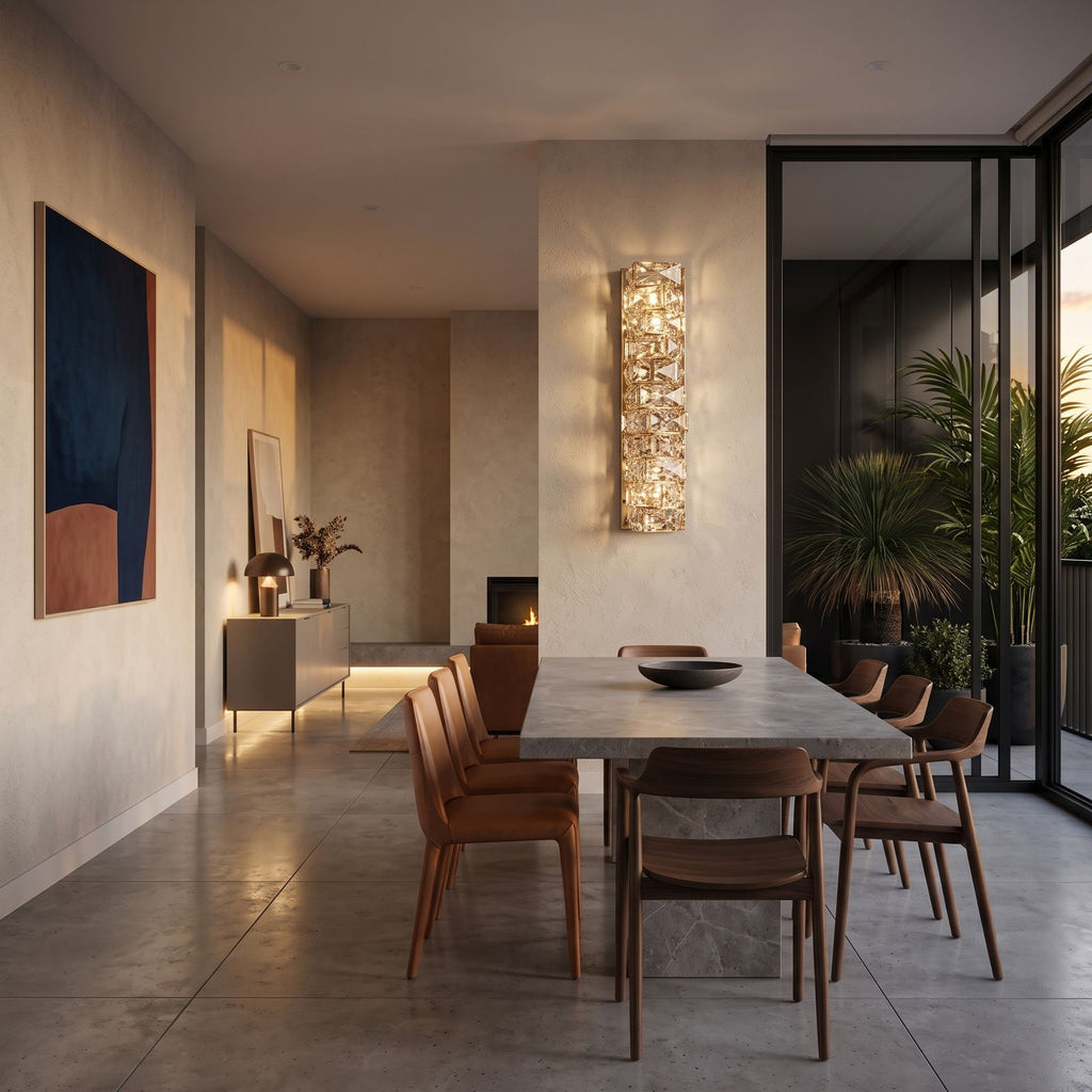 Layered Crystal Ribbon LED Wall Light on a dining room wall