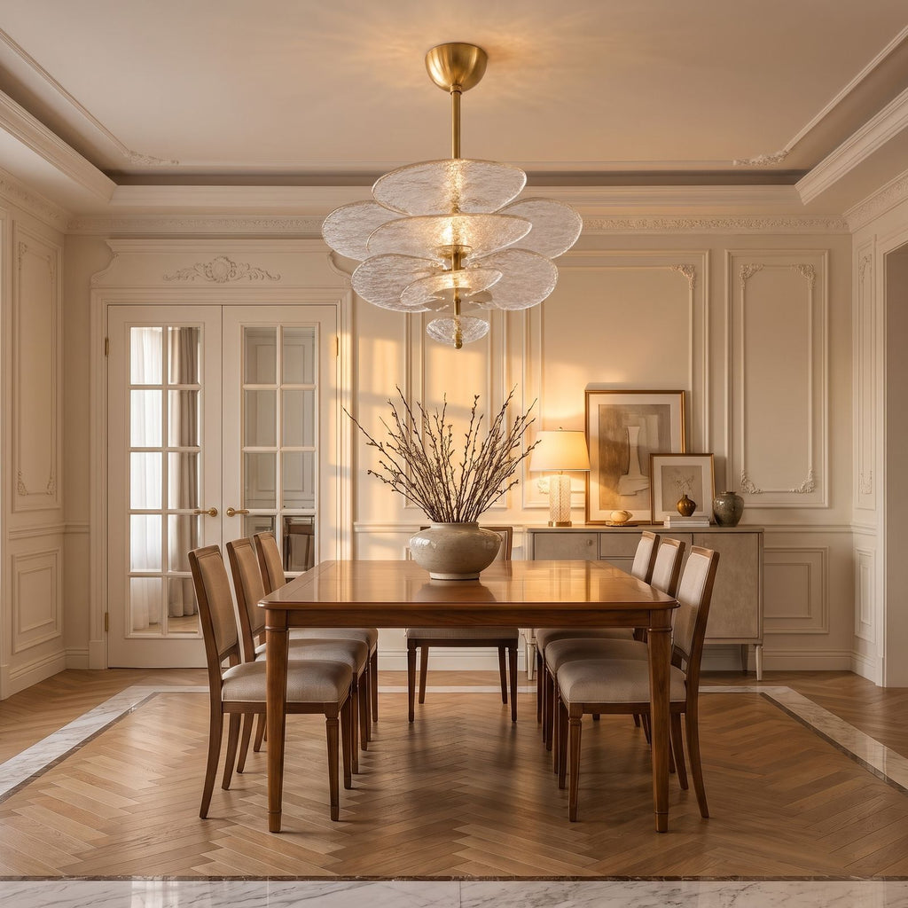 Layered Glass Leaf Chandelier above a dining table at golden hour