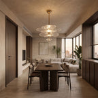 Layered Glass Leaf Chandelier in an open-plan living and dining room, wide view