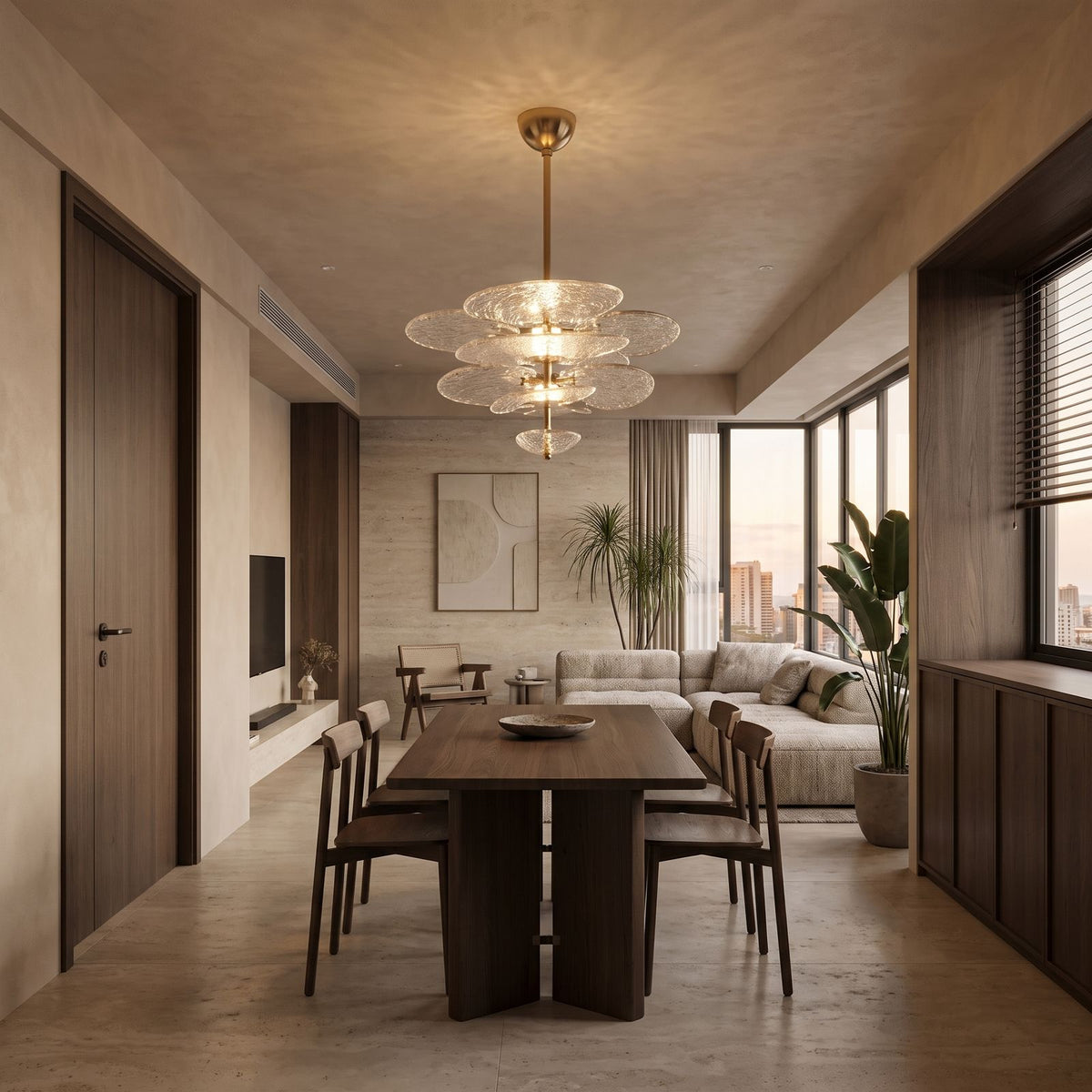 Layered Glass Leaf Chandelier in an open-plan living and dining room, wide view