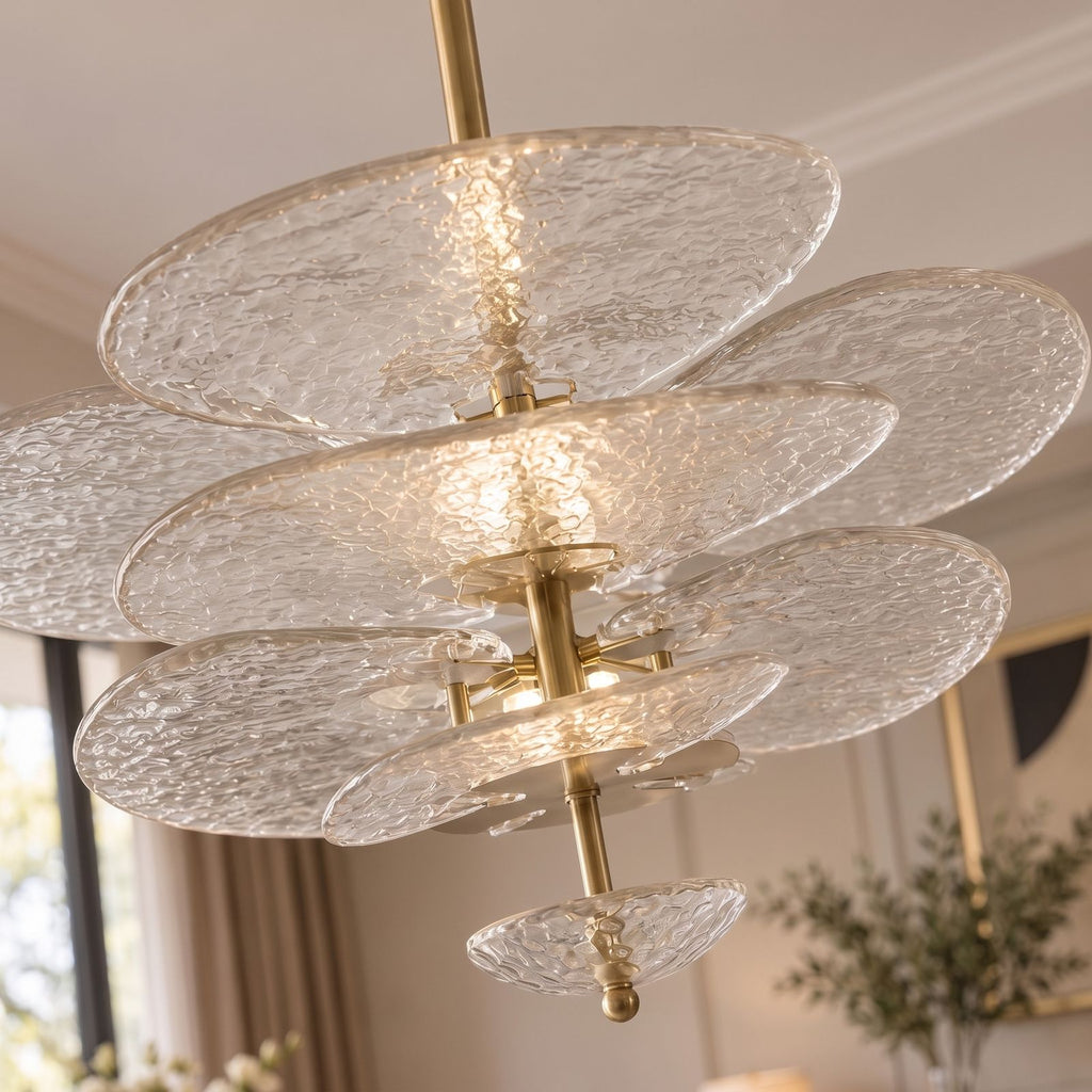Layered Glass Leaf Chandelier: close-up of the materials and finish