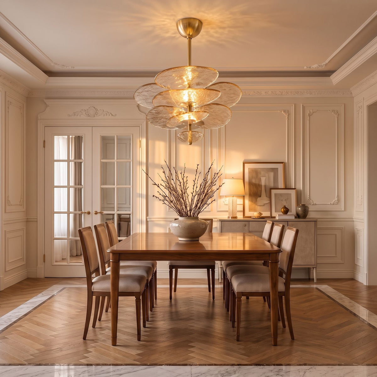 Layered Glass Leaf Chandelier with amber glass above a dining table at golden hour