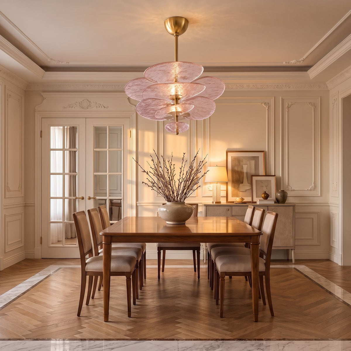 Layered Glass Leaf Chandelier with pink glass above a dining table at golden hour