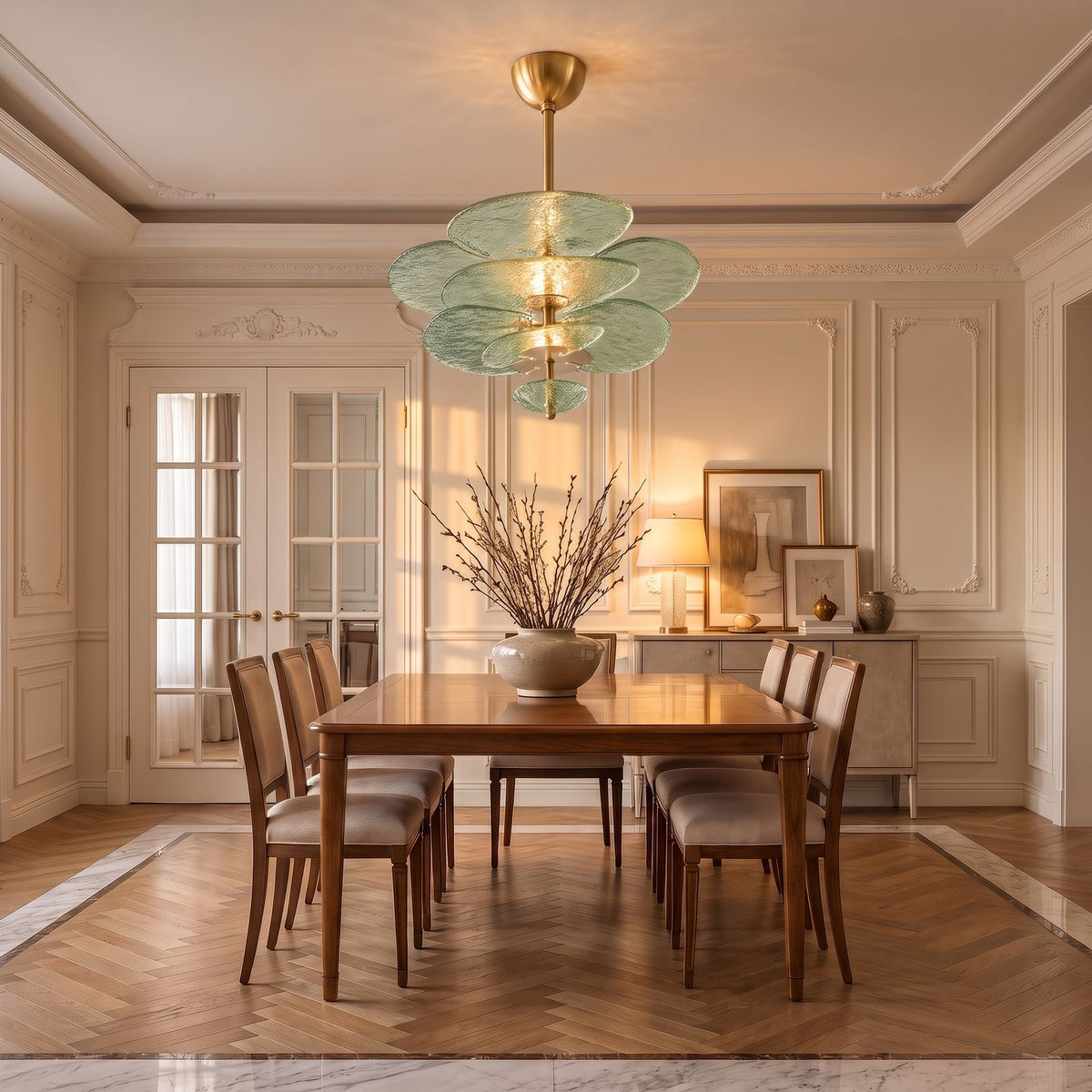 Layered Glass Leaf Chandelier with green glass above a dining table at golden hour
