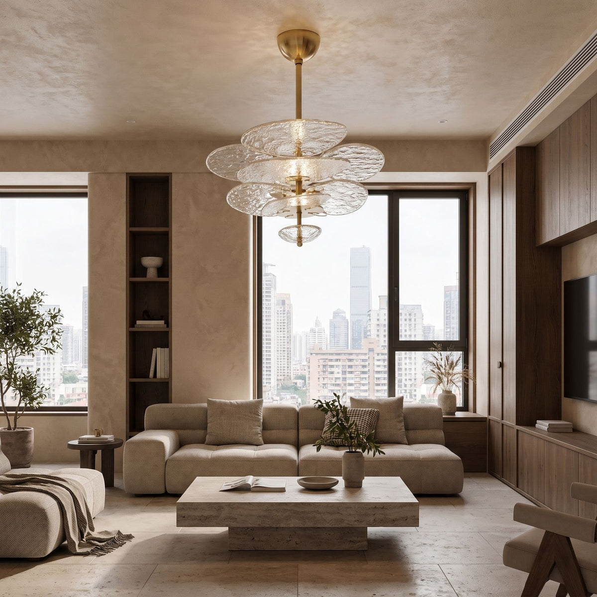 Layered Glass Leaf Chandelier, 12 lights, in living room