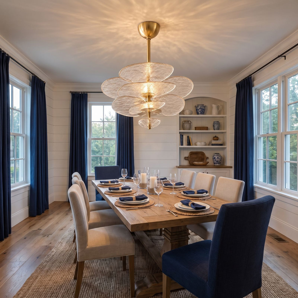 Layered Glass Leaf Chandelier, 16 lights, in dining room