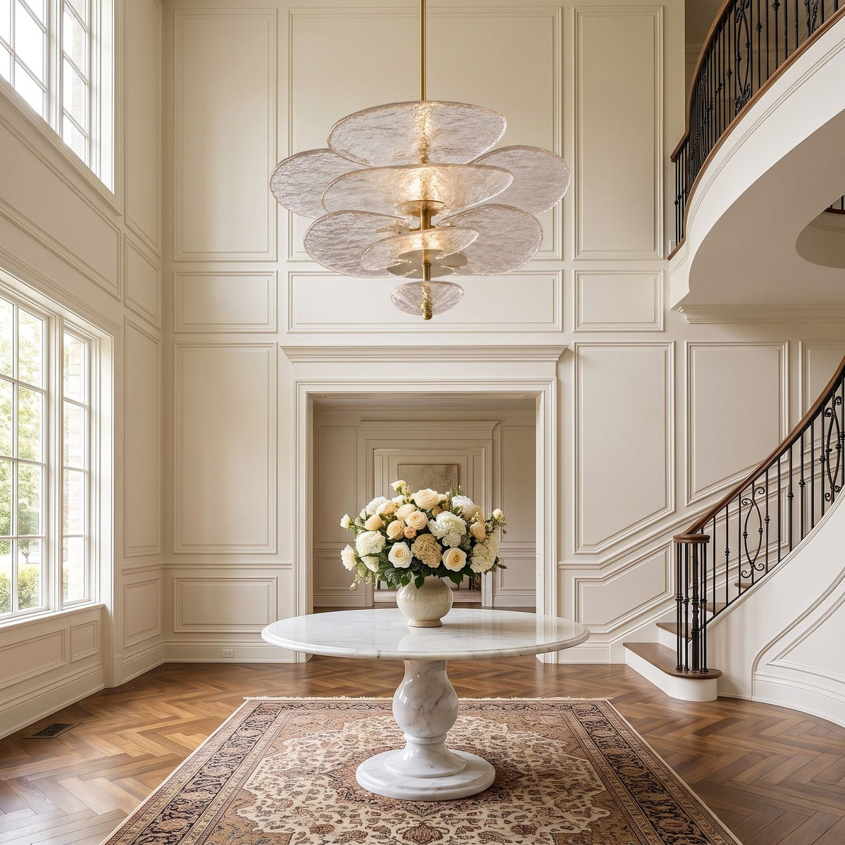Layered Glass Leaf Chandelier, 20 lights, in double-height entry foyer
