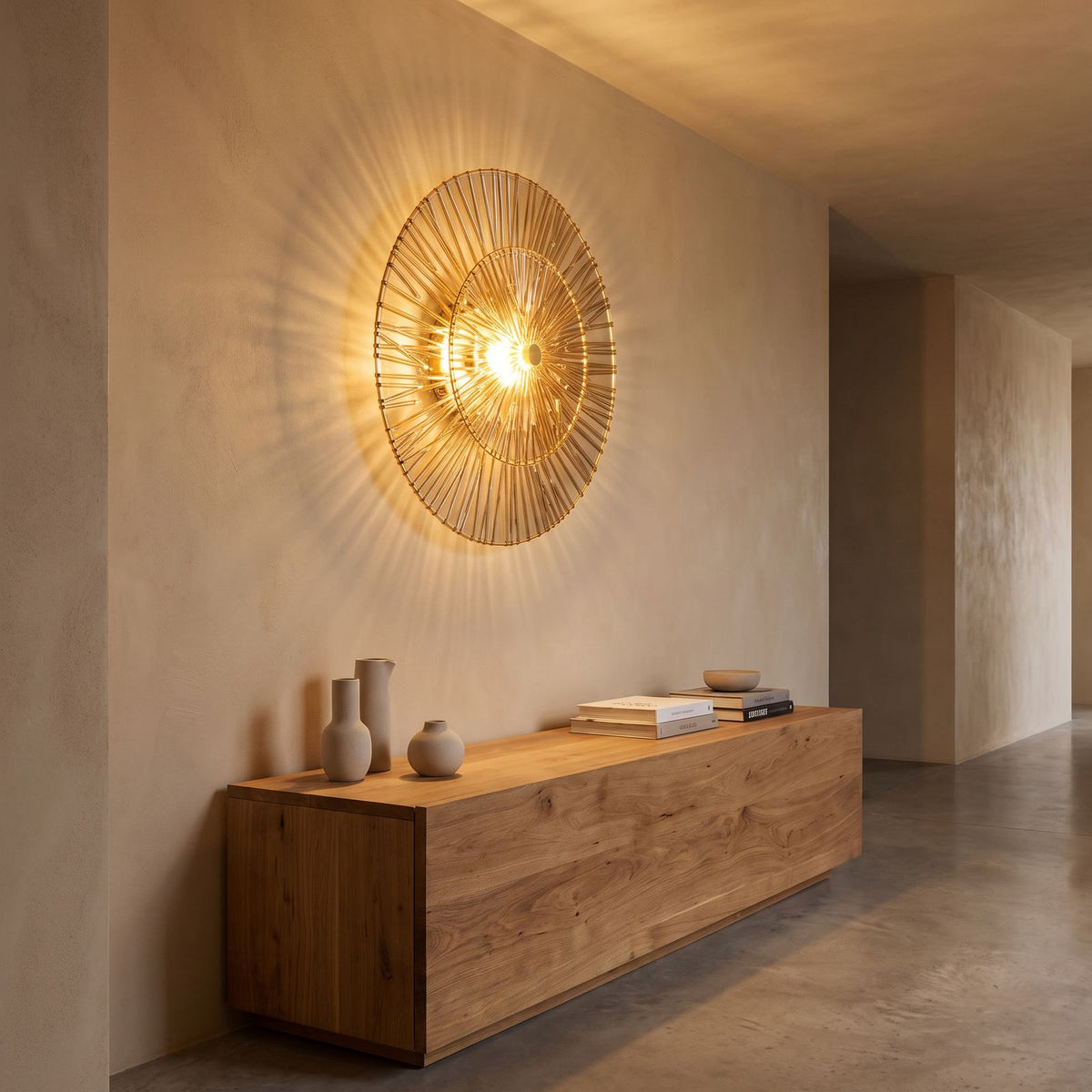 Layered Lotus Glass Round LED Wall Light in a hallway above a timber console