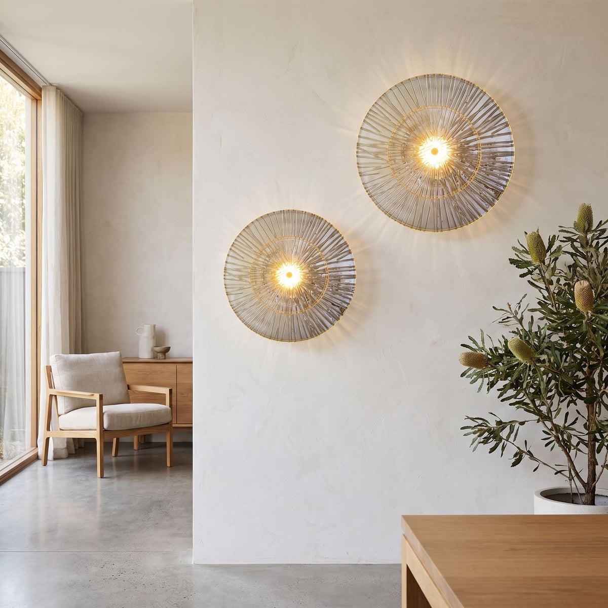 Layered Lotus Glass Round LED Wall Light in a pair on a wall of an Australian home