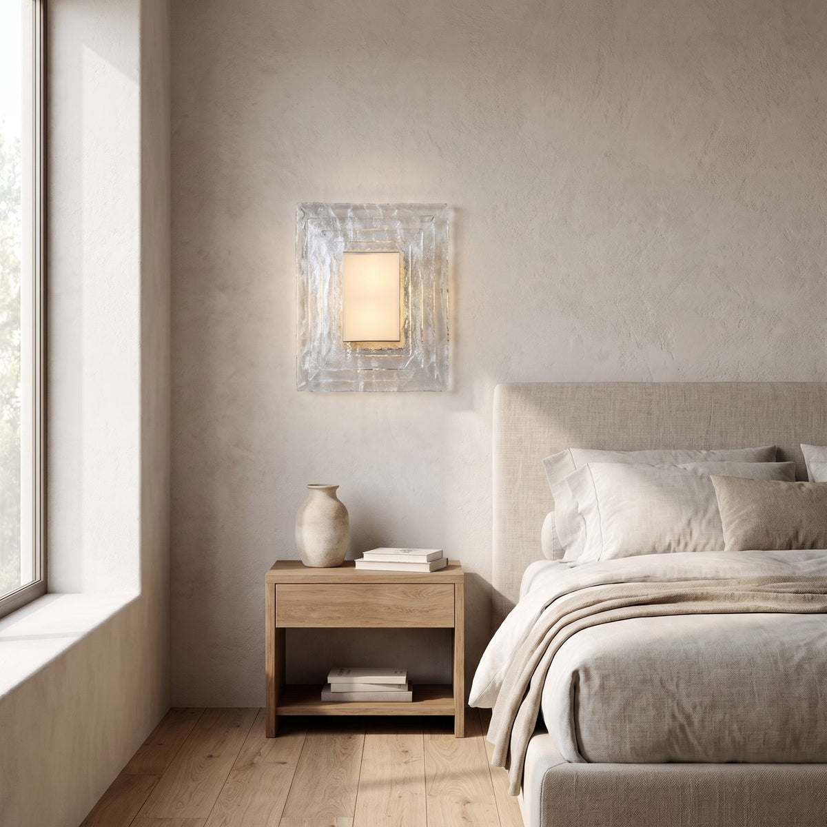 Layered Water Ripple Glass Panel Wall Light on a bedroom wall beside the bed