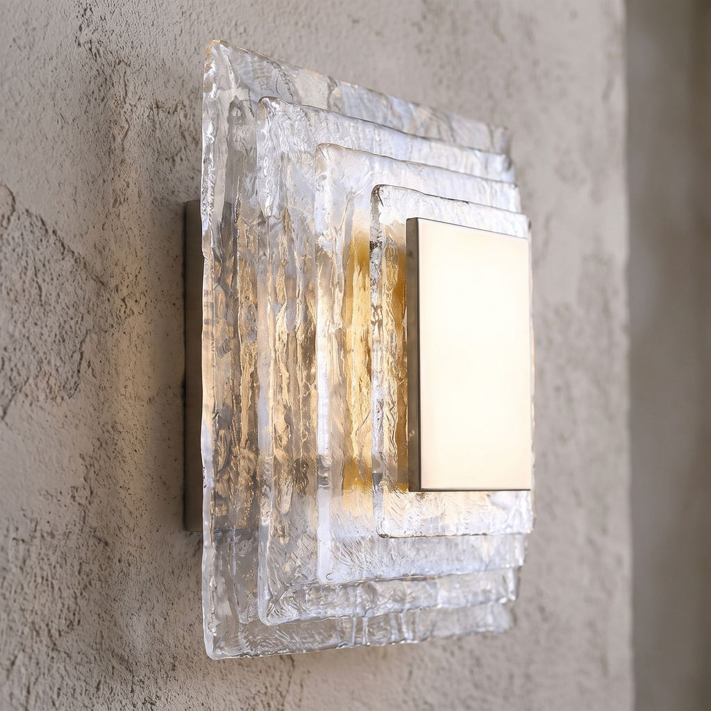 Layered Water Ripple Glass Panel Wall Light, close view at 45 degrees on a plaster wall
