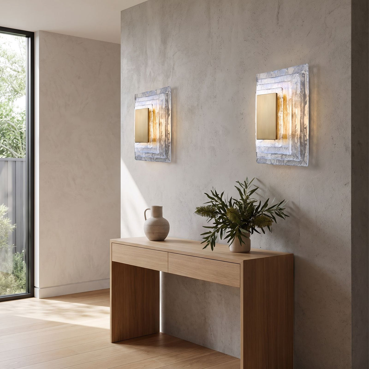 Layered Water Ripple Glass Panel Wall Light in a pair on a wall of an Australian home