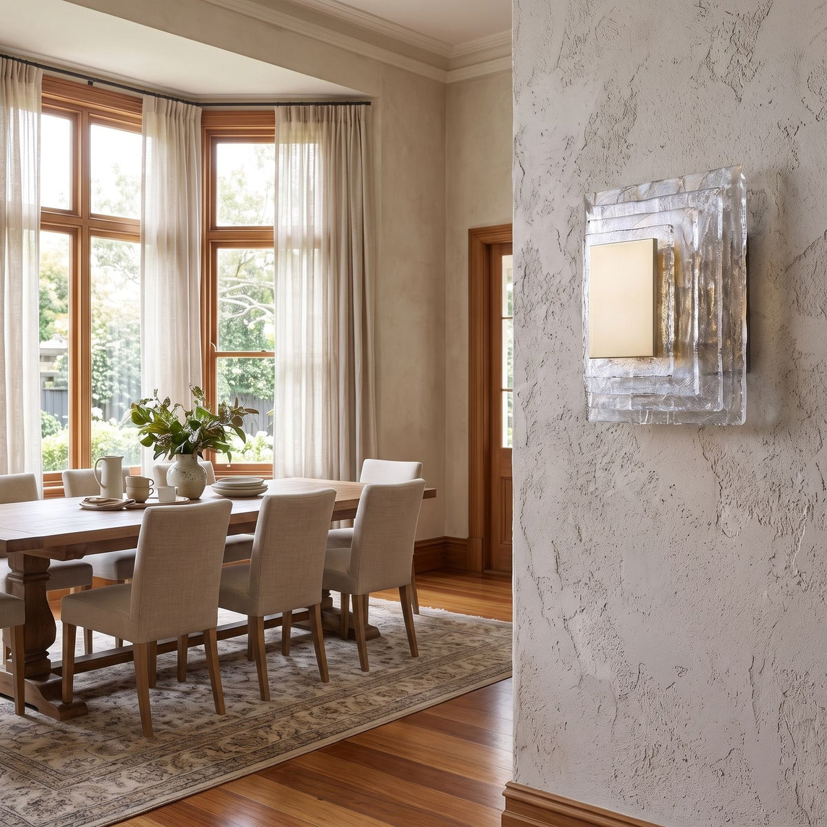 Layered Water Ripple Glass Panel Wall Light on a dining room wall