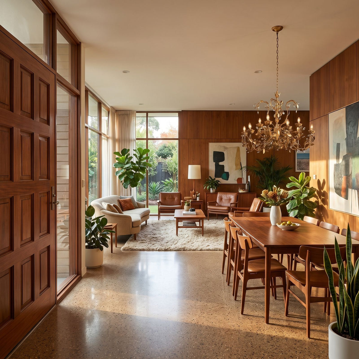 Leaf Branch Iron and Crystal Chandelier in an open-plan living and dining room, wide view