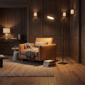 LED Gooseneck Reading Floor Lamp behind a leather armchair in a panelled living room in the evening