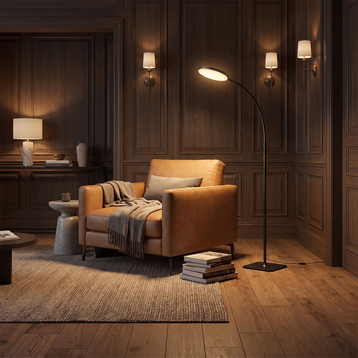 LED Gooseneck Reading Floor Lamp behind a leather armchair in a panelled living room in the evening