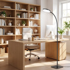 Gooseneck reading floor lamp angled over a desk in a bright home office