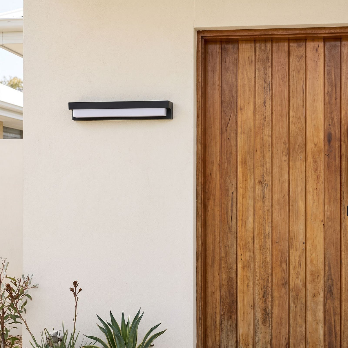 Linear Acrylic Outdoor Wall Light beside a timber front door