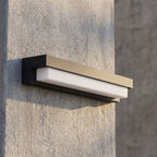 Linear Acrylic Outdoor Wall Light, close view at 45 degrees on a stone wall