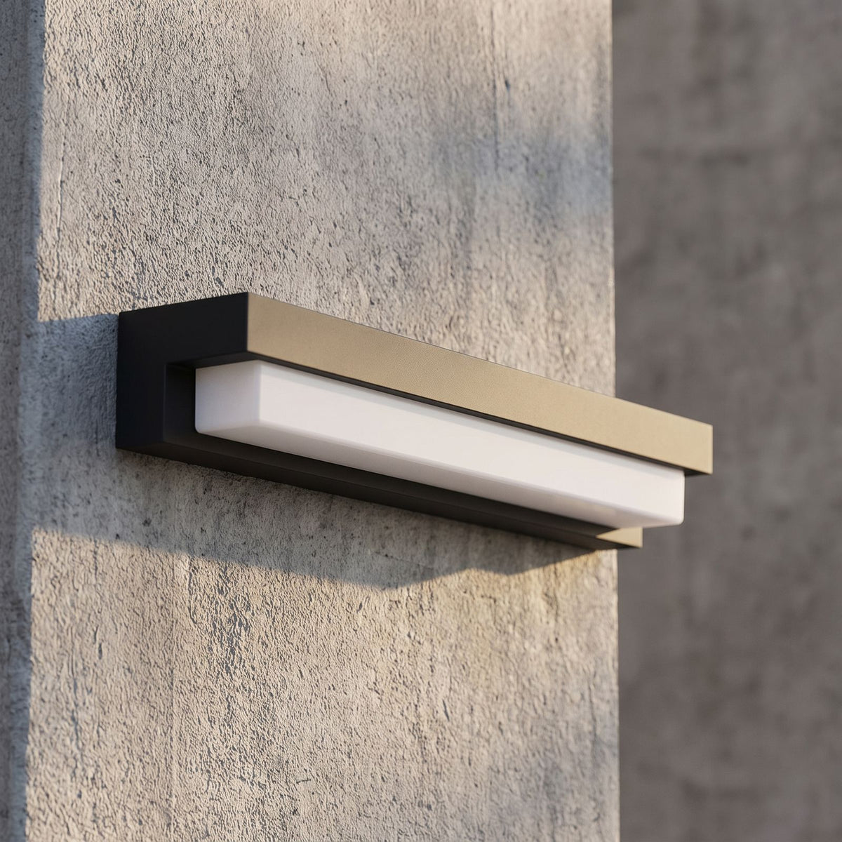 Linear Acrylic Outdoor Wall Light, close view at 45 degrees on a stone wall