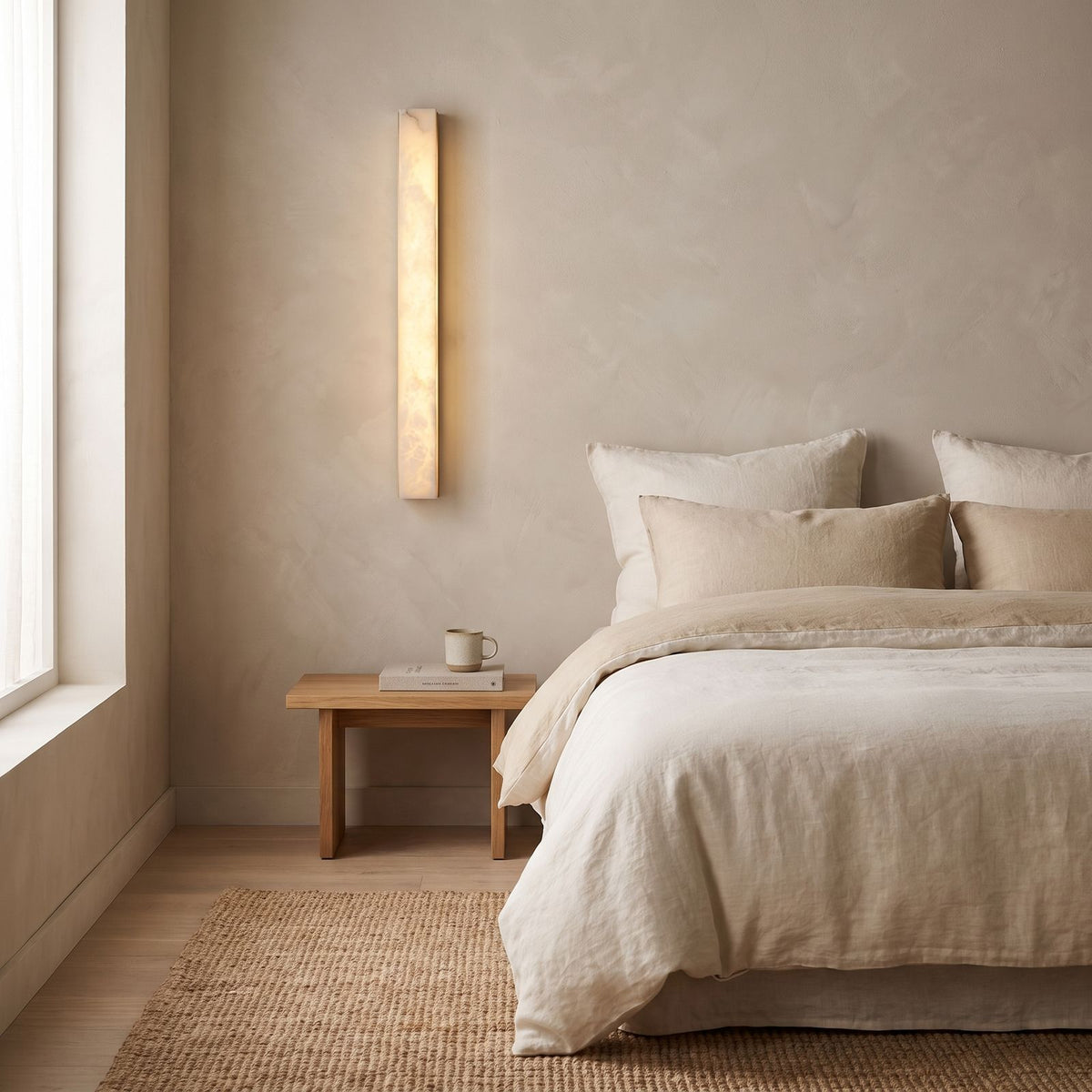 Long Alabaster Bar LED Wall Light on a bedroom wall beside the bed