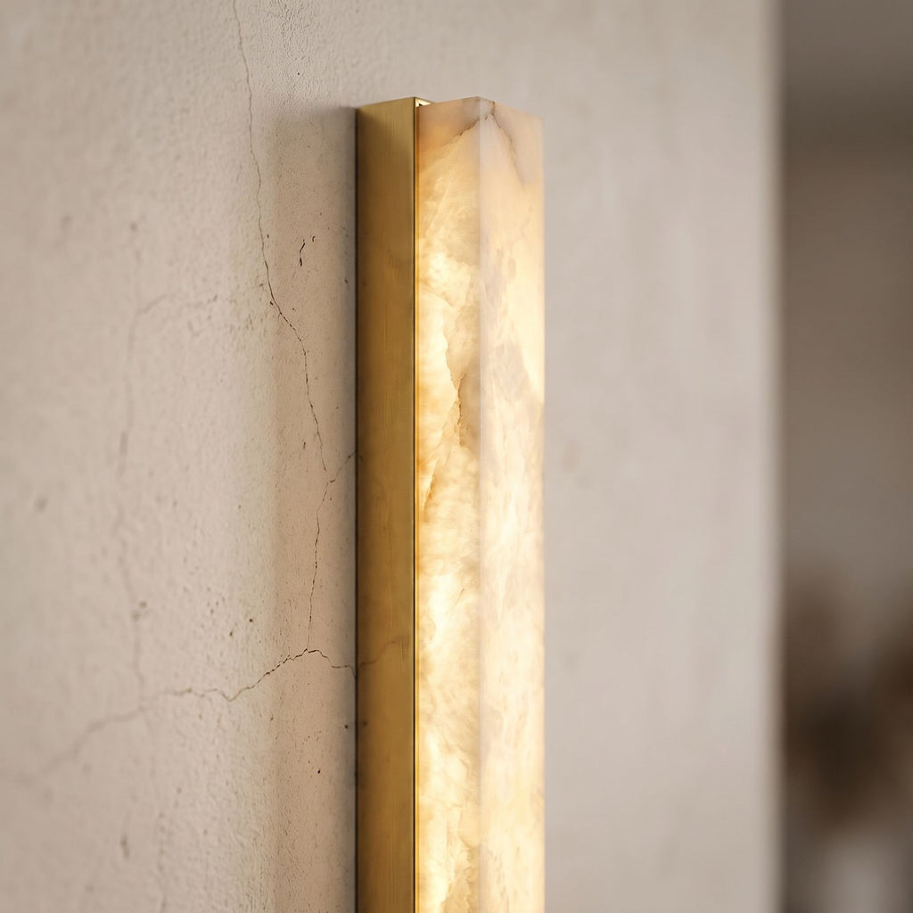 Long Alabaster Bar LED Wall Light, close view at 45 degrees on a plaster wall