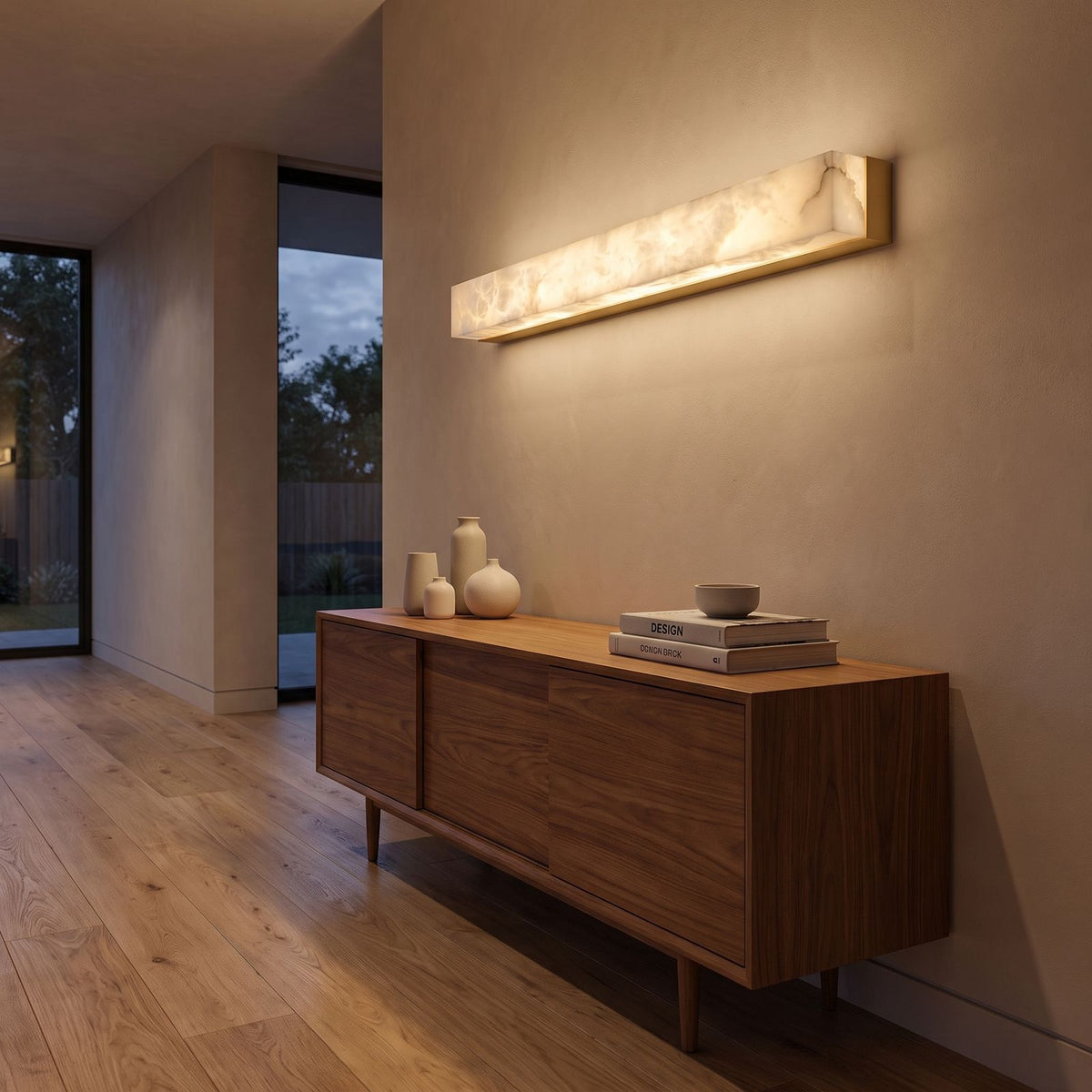 Long Alabaster Bar LED Wall Light in a hallway above a timber console