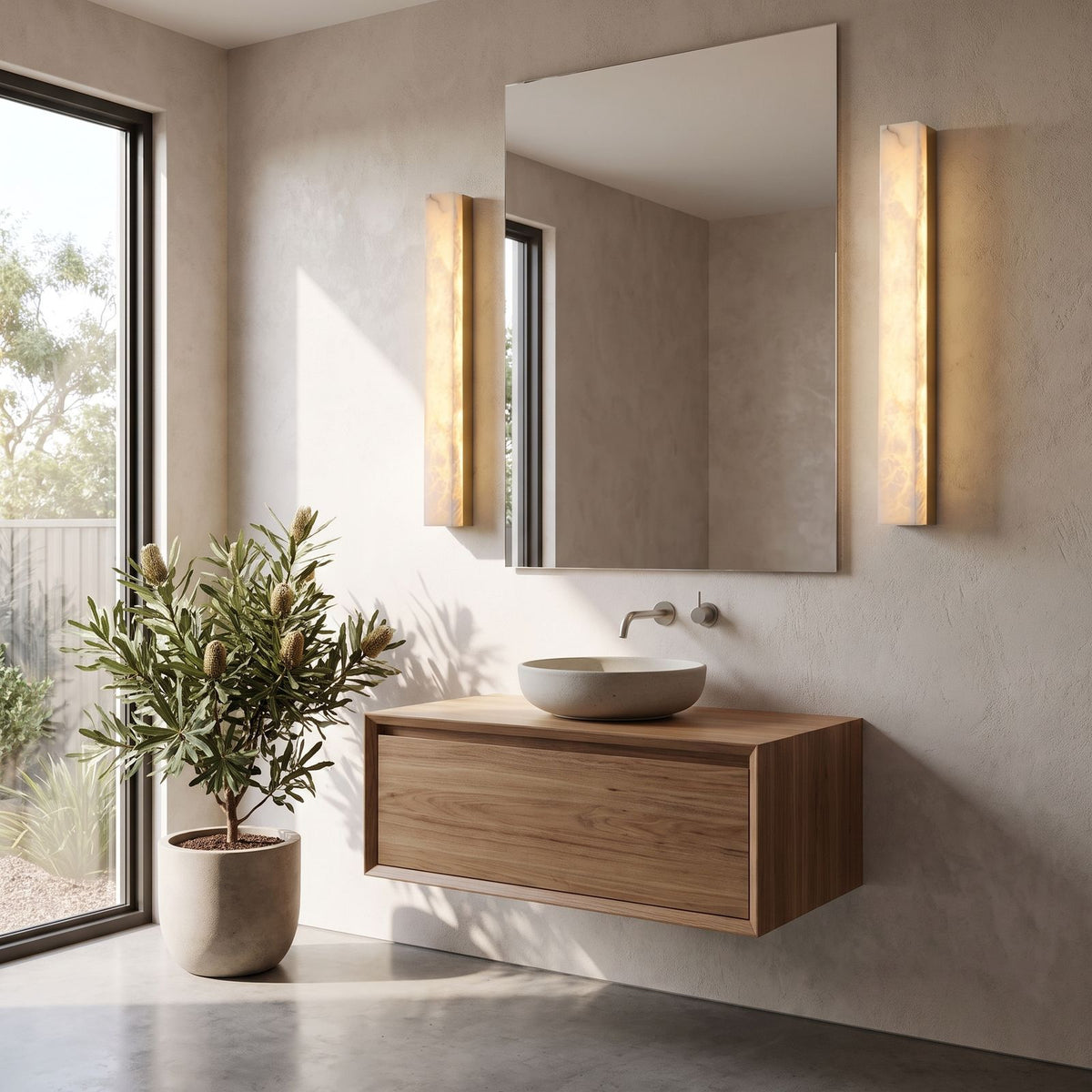 Long Alabaster Bar LED Wall Light in a pair on a wall of an Australian home
