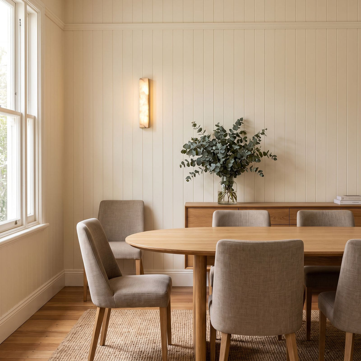 Long Alabaster Bar LED Wall Light on a dining room wall
