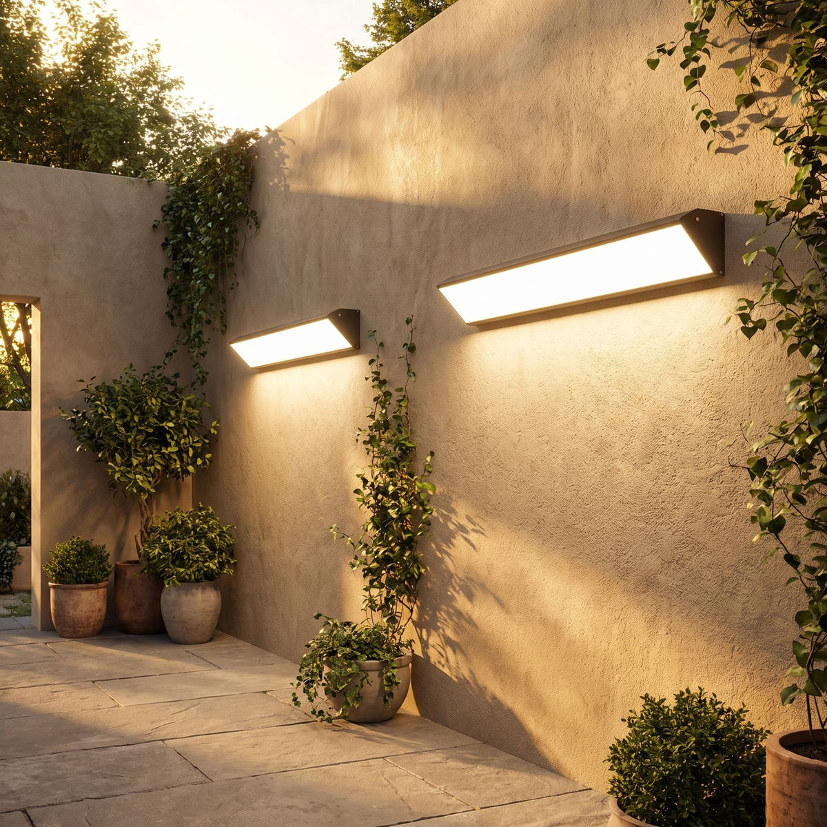 Long Linear Up Down Outdoor Wall Light in a pair on the facade of an Australian home