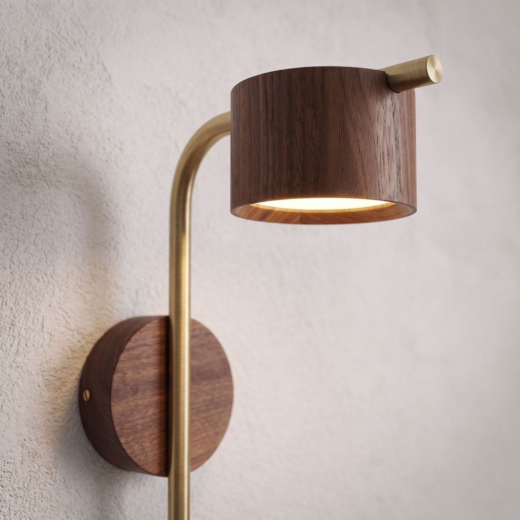 Long Rod Wood Bedside Reading Wall Light, close view at 45 degrees on a plaster wall