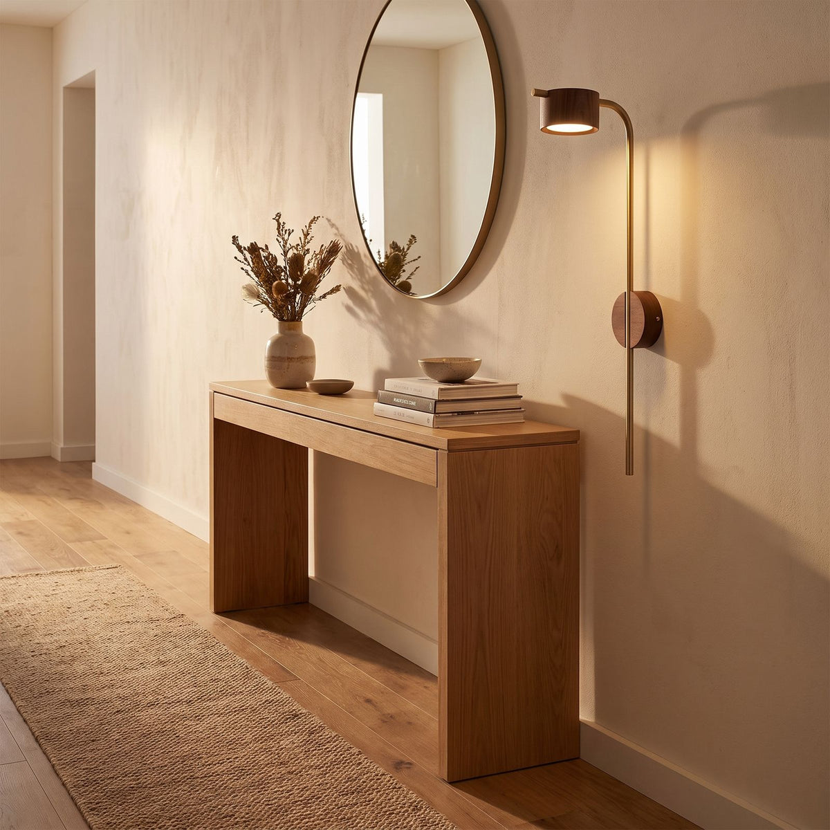 Long Rod Wood Bedside Reading Wall Light in a hallway above a timber console