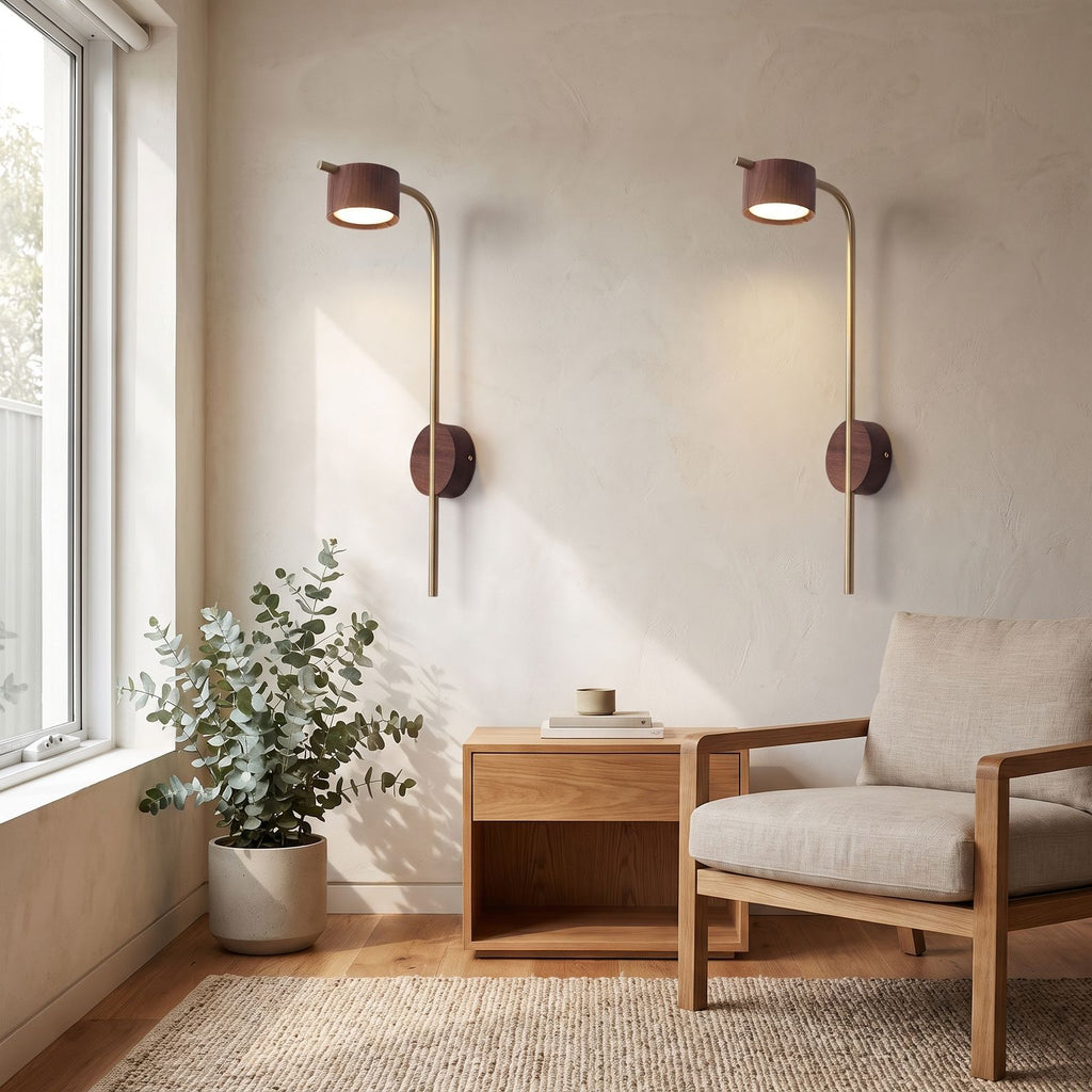Long Rod Wood Bedside Reading Wall Light in a pair on a wall of an Australian home