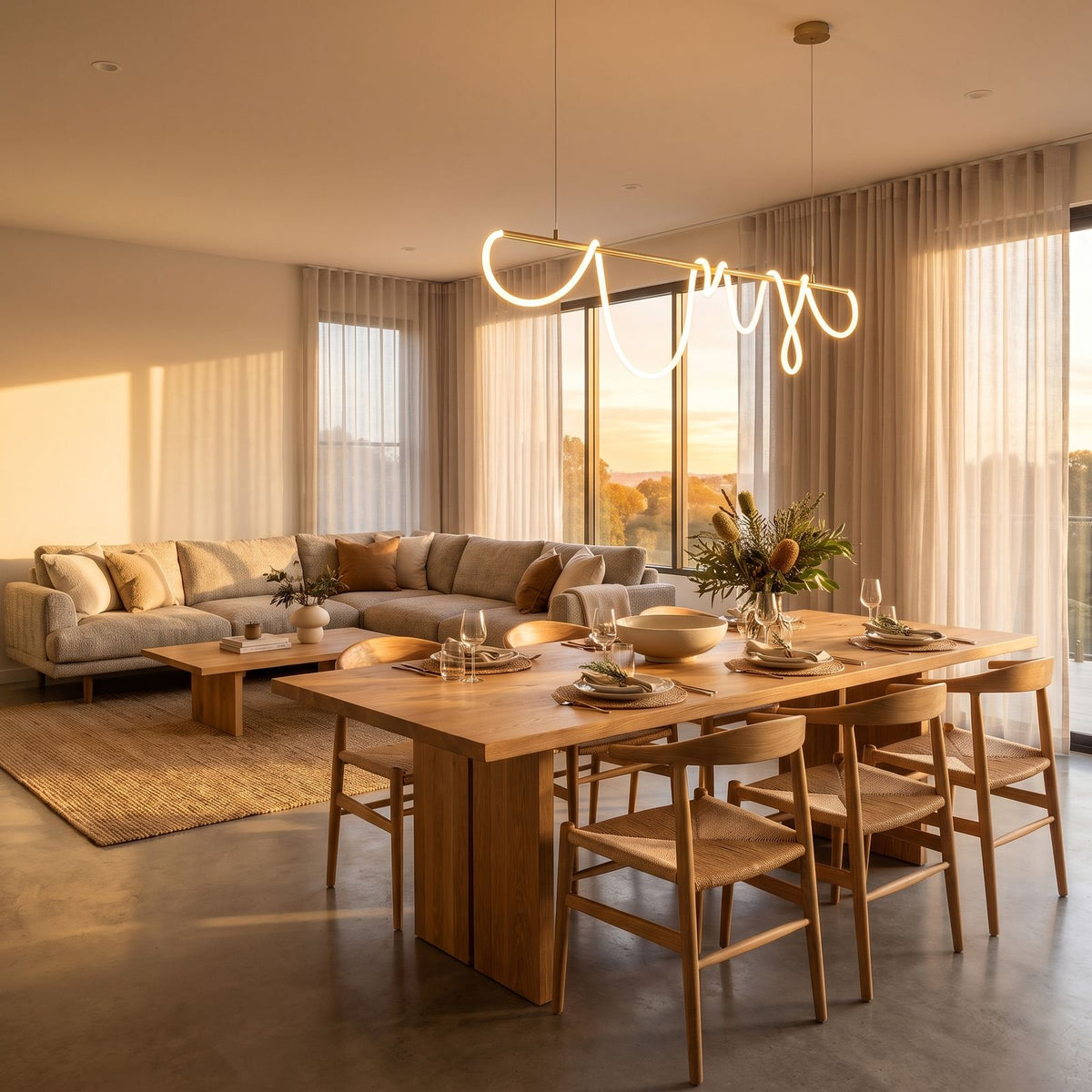 Looped LED rope linear pendant light in a wide living and dining view