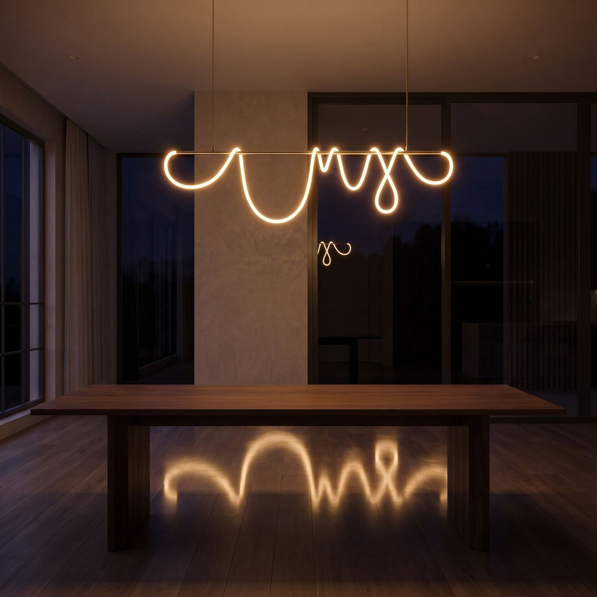 Looped LED rope linear pendant light over a dining table at night