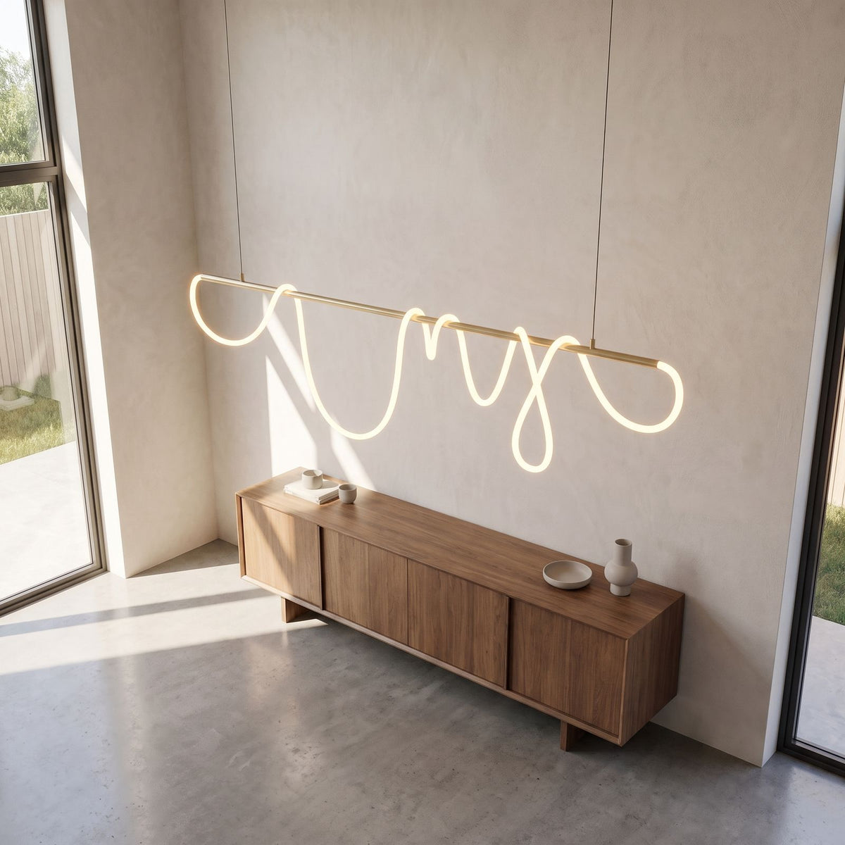 Looped LED rope linear pendant light above a sideboard in daylight