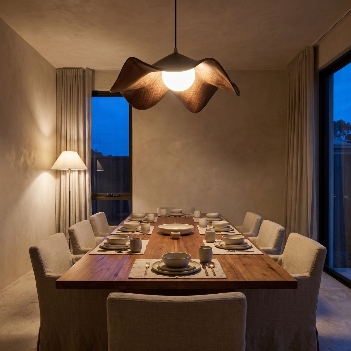 Lotus Leaf Resin Pendant Light above a timber dining table