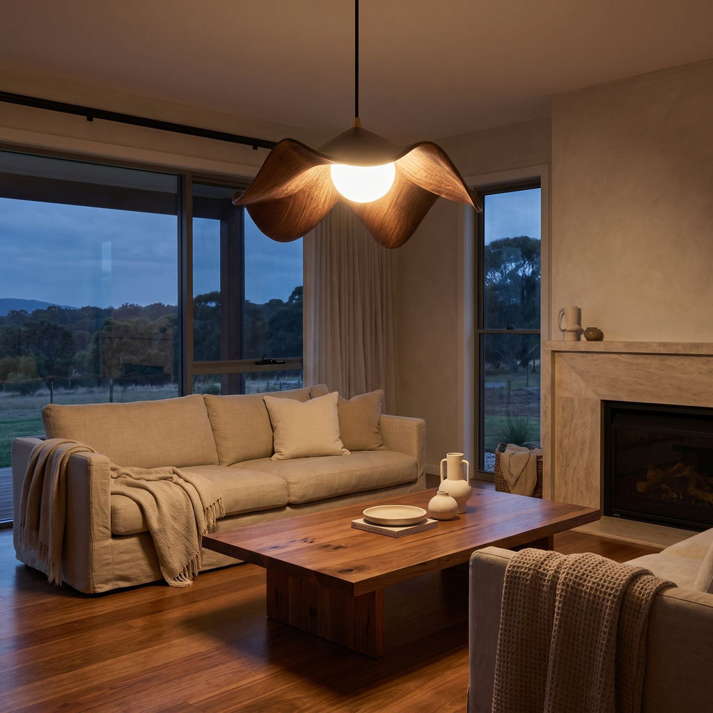 Lotus Leaf Resin Pendant Light above a linen sofa in a living room