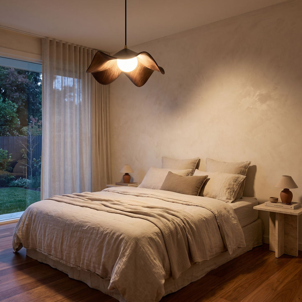 Lotus Leaf Resin Pendant Light centred above a bed