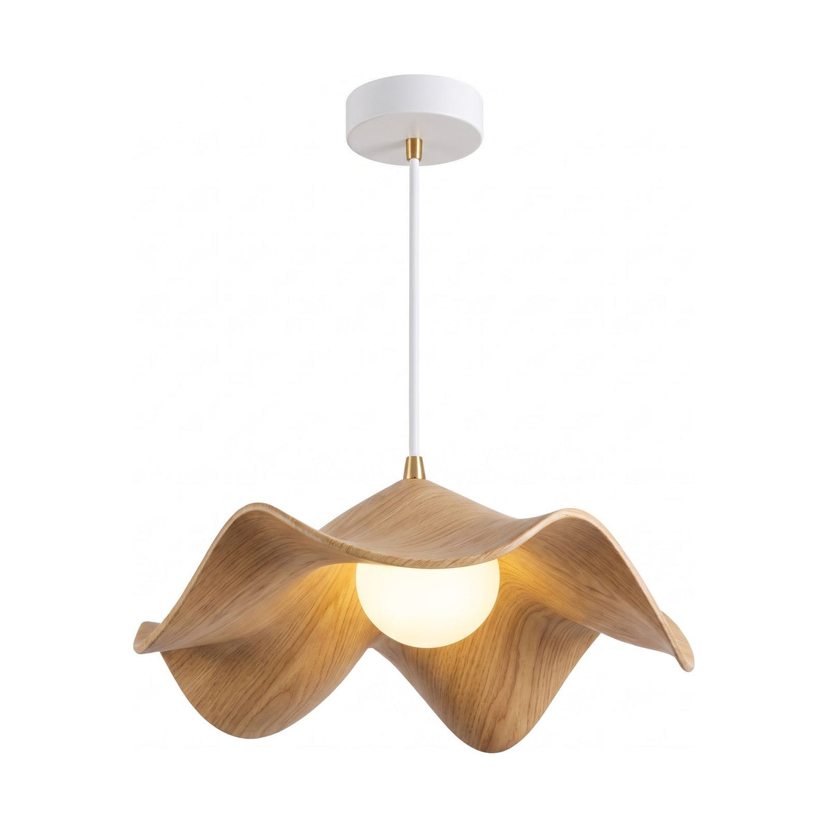 Lotus Leaf Resin Pendant Light in light oak with white fittings on a white background