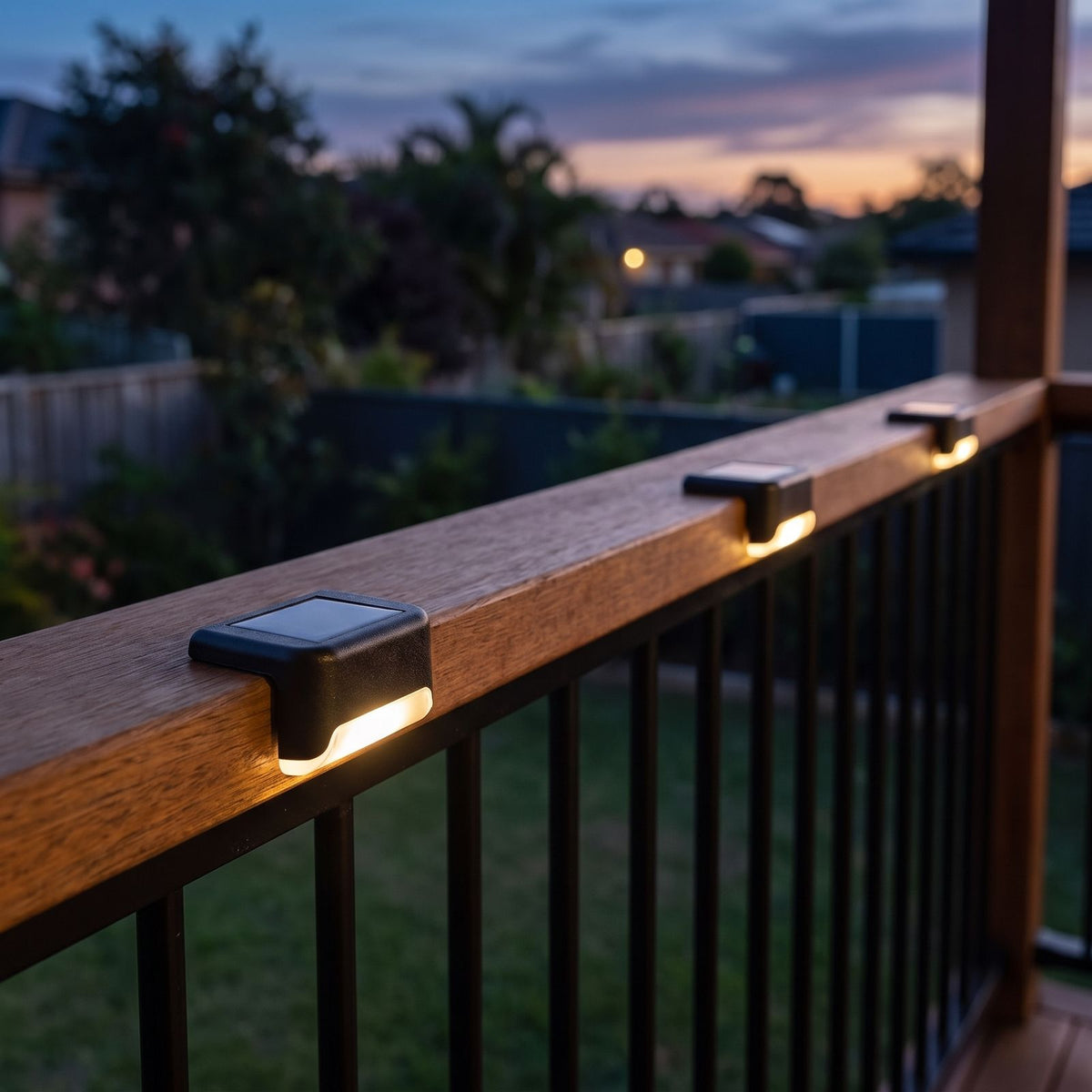 Low profile solar lights on a balcony balustrade rail at dusk